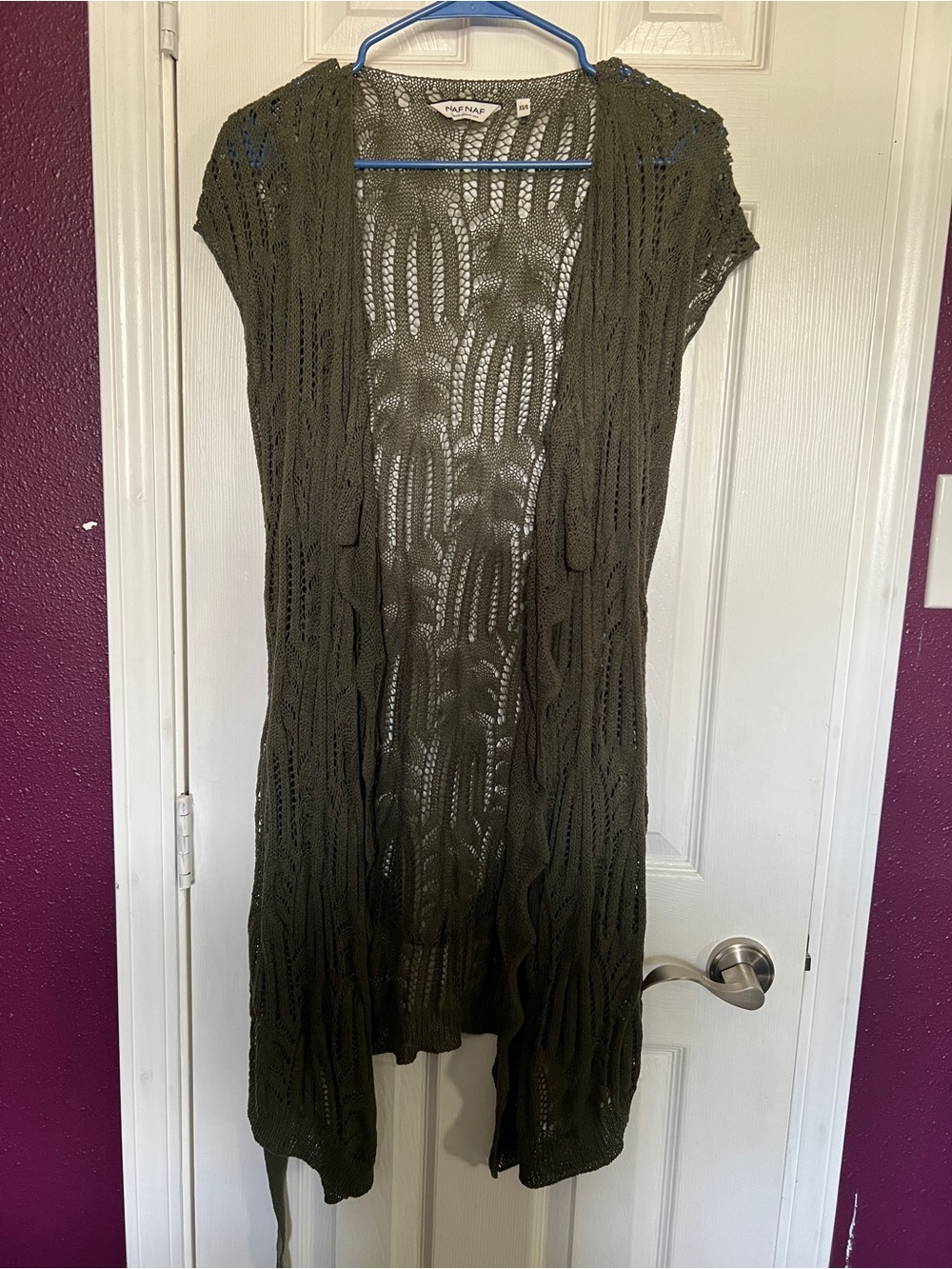 NAF NAF Olive Open-Knit Longline Duster XS-S new without tag
